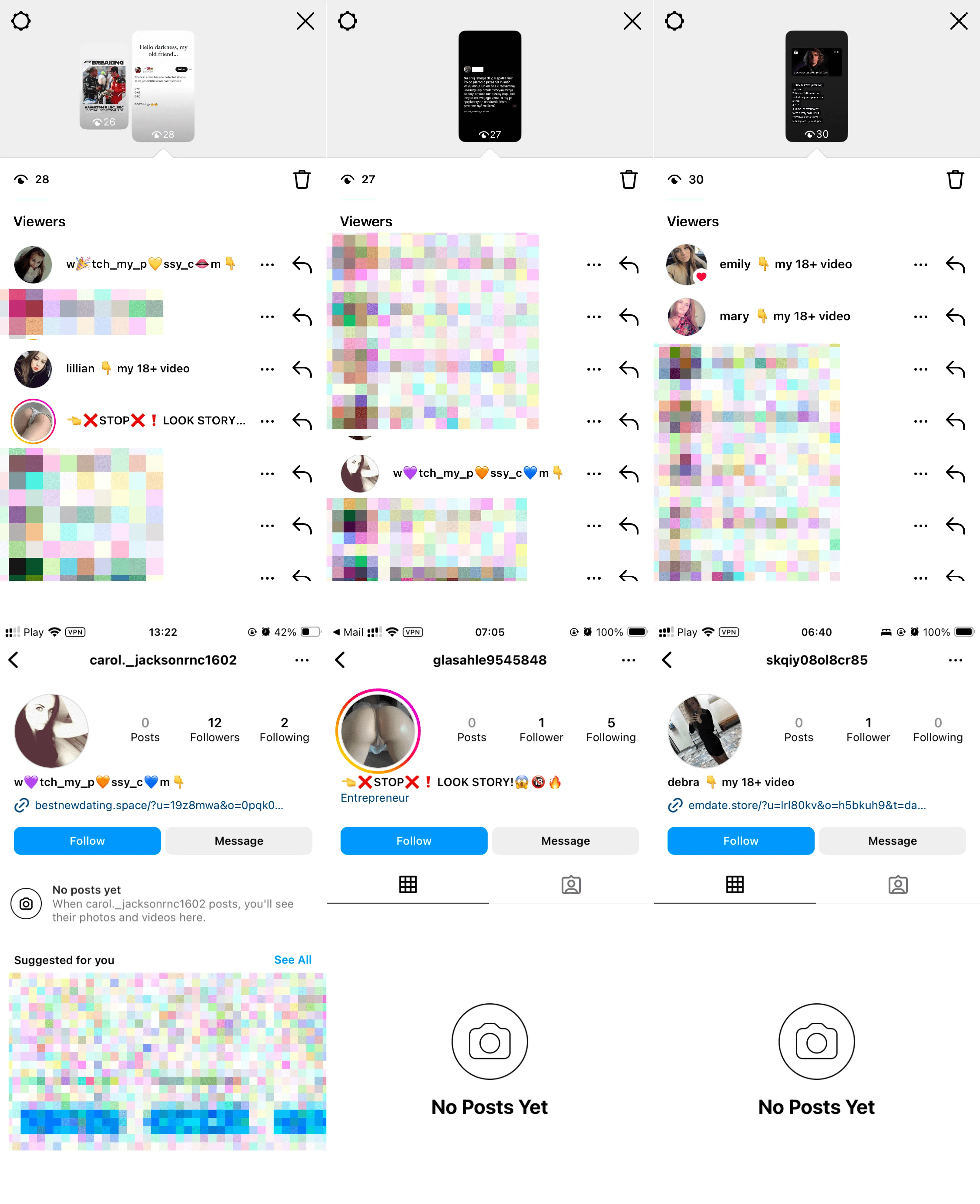 Zbiór zrzutów ekranów, z listami pornobotów wyświetlających stories oraz zrzuty ekranów niektórych profili